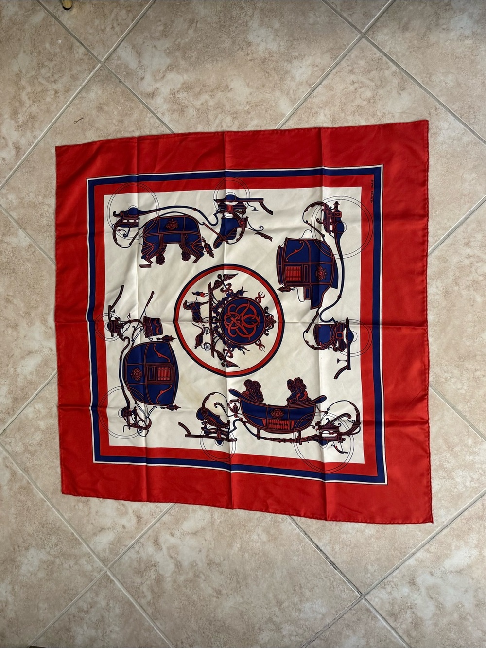 Hermes Red White and Navy Silk Scarf - Picture 4 of 7